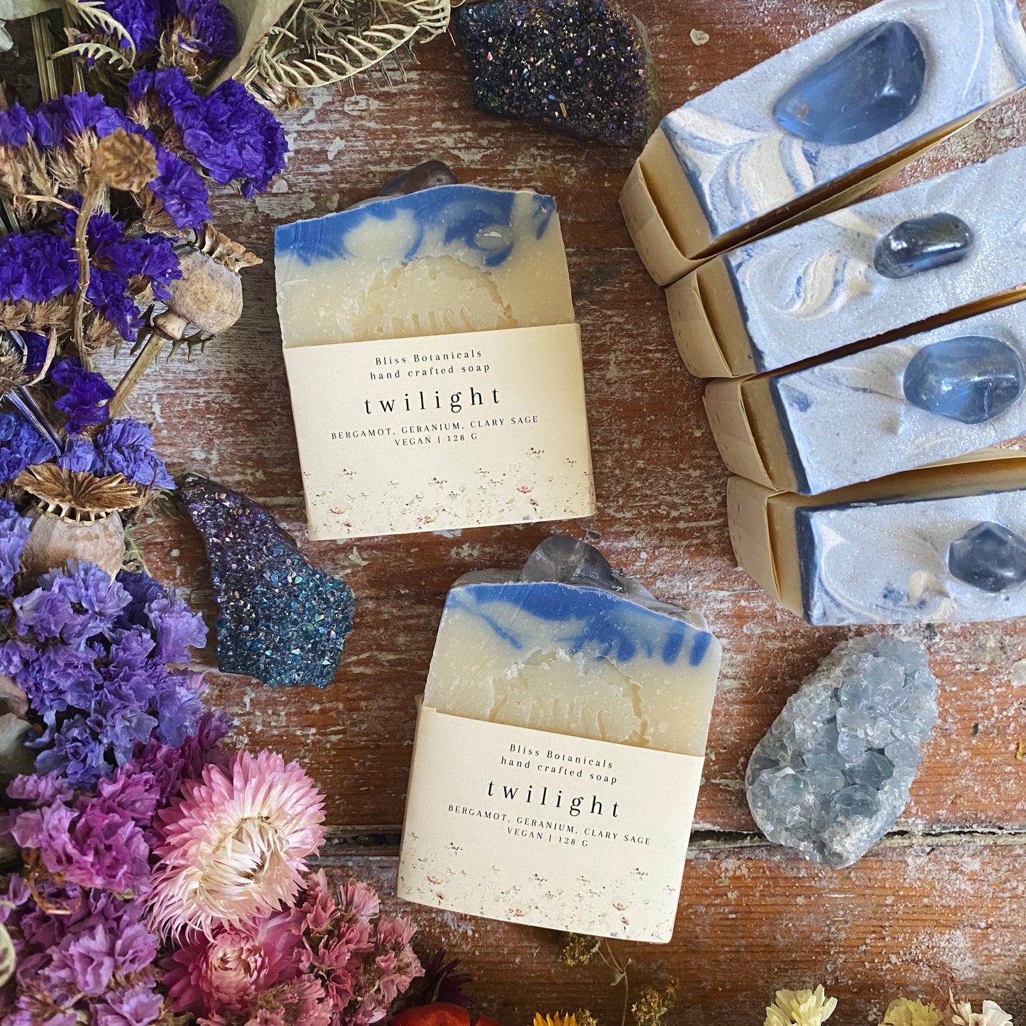 Twilight Soap - Geranium, Bergamot and Clary Sage with Clear Quartz Crystal