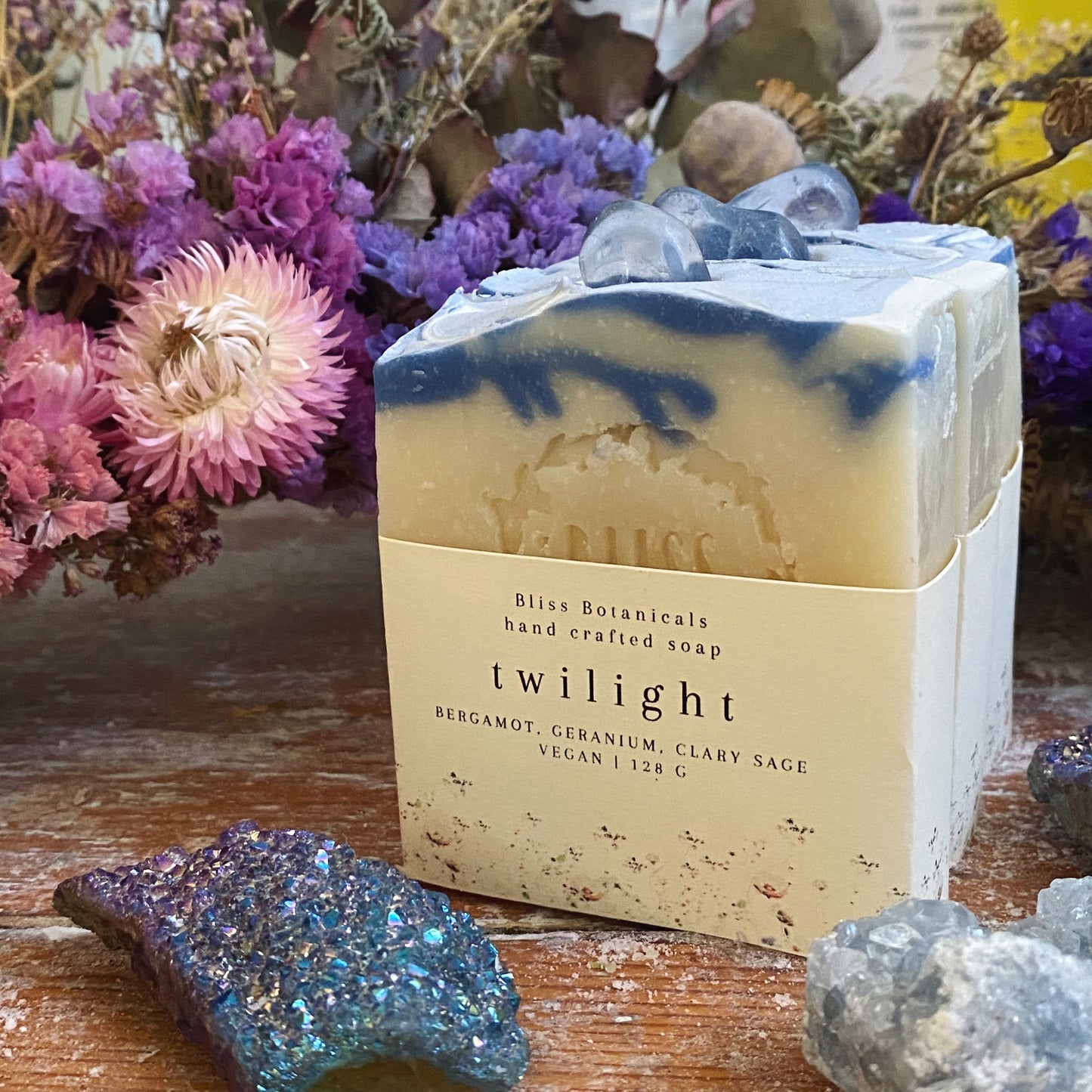 Twilight Soap - Geranium, Bergamot and Clary Sage with Clear Quartz Crystal