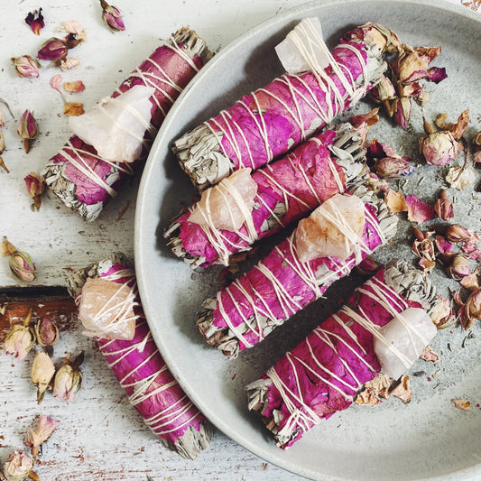 Love spirit smudge stick with raw rose quartz